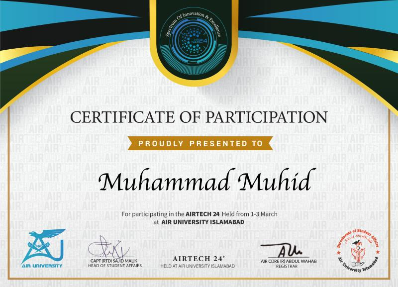 Airtech 24 certificate awarded to Muhammad Muhid