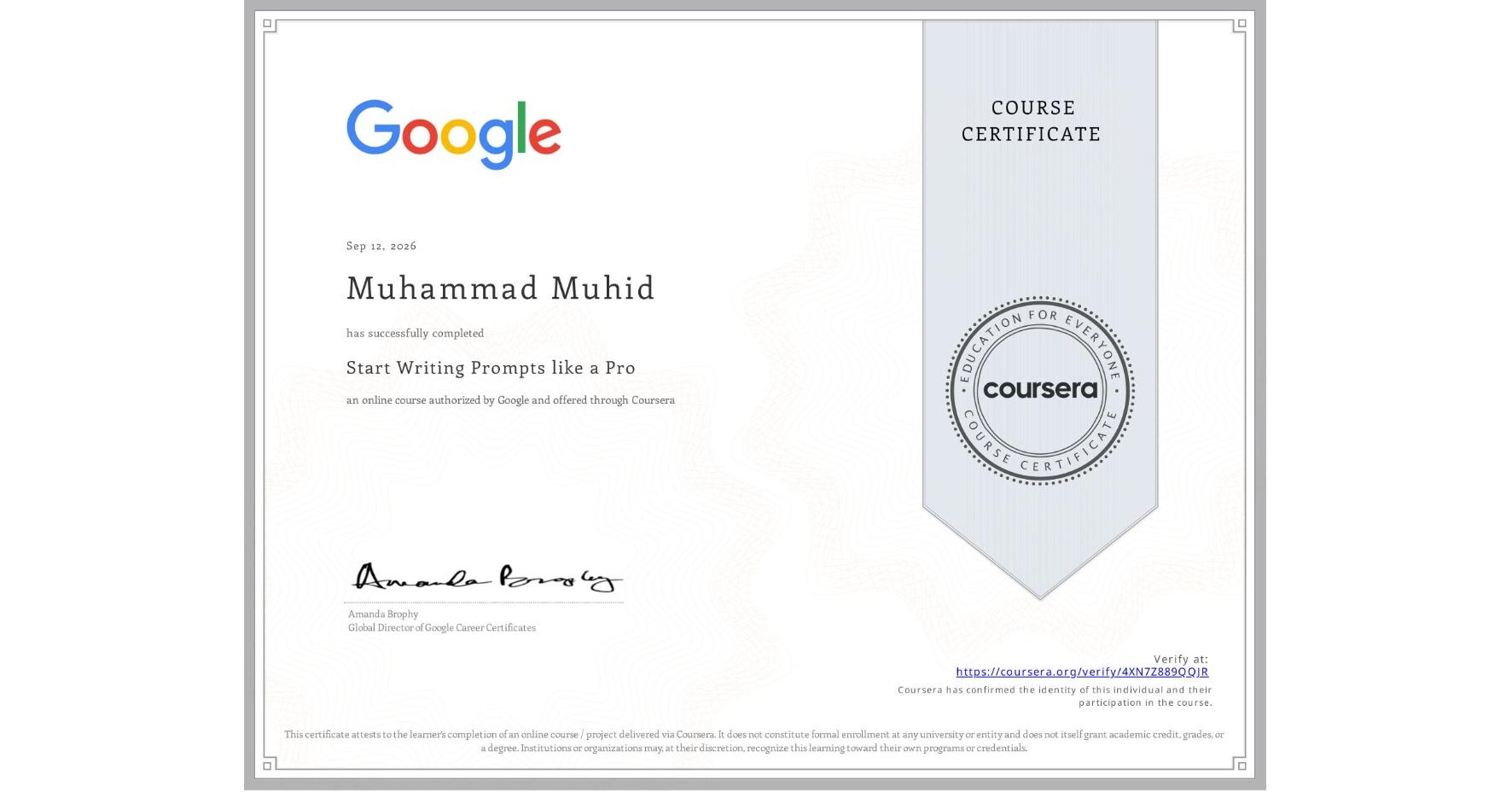 Prompt Engineering certificate awarded to Muhammad Muhid