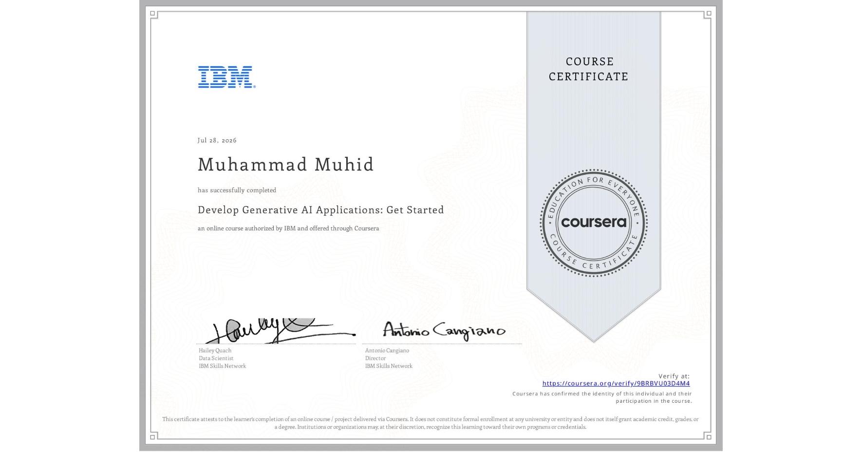 IBM Generative AI Application Development certificate awarded to Muhammad Muhid