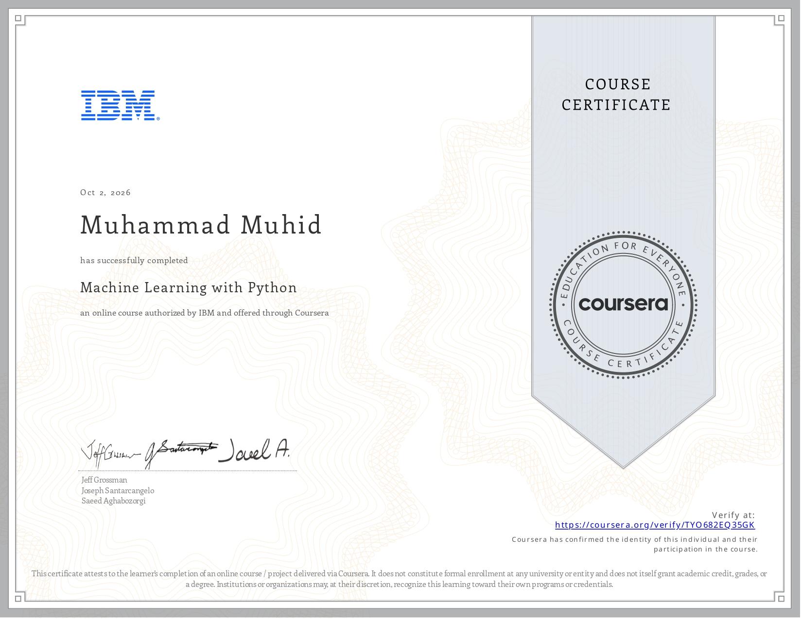 Machine Learning with Python certificate awarded to Muhammad Muhid