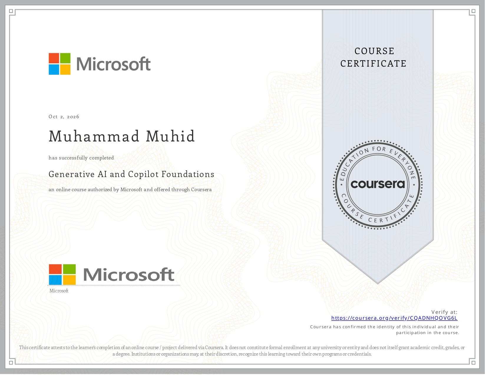 Generative AI and Copilot Foundations certificate awarded to Muhammad Muhid